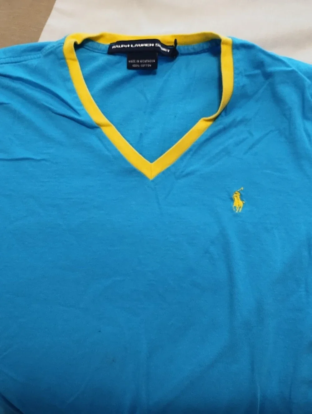 Vintage Ralph Lauren Sport Blue Cotton Tee with Yellow Trim